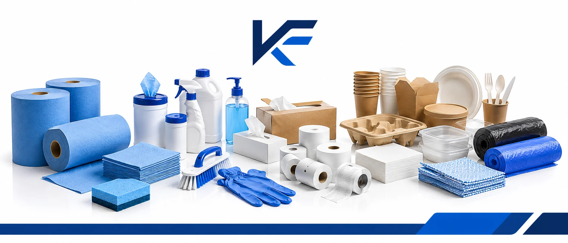 The KLEARFORCE range — centrefeed and wiping rolls, cleaning chemicals, brushes and gloves, toilet tissue and hand towel, catering disposables and refuse sacks